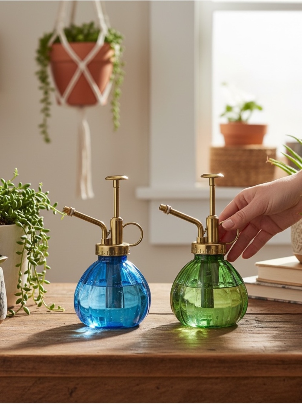 NEW Vintage Style Glass Plant Mister Bundle Set - Blue & Green with Gold Accent